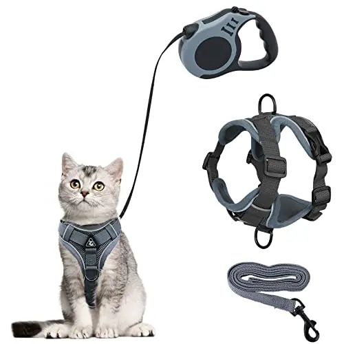 Livraison Express Harnais pour Chat avec Laisse Enrouleur, Anti-éclatement Harnais Chaton et 5m Laisse Chat Rétractables Kit, Réglable Filet Respirant Harnet pour Chaton, Chiot (Gris, S)